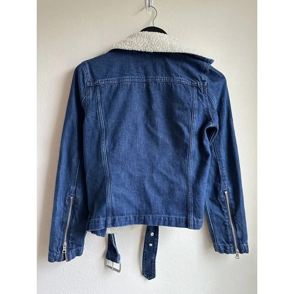 Gap Women's Denim Jacket XS Sherpa Lined Biker Belt Buckle Blue 1969